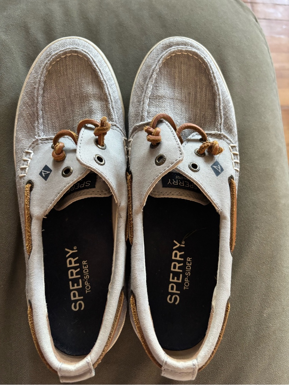 Sperry Light Beige Canvas and Brown Leather-Trim Boat Shoes